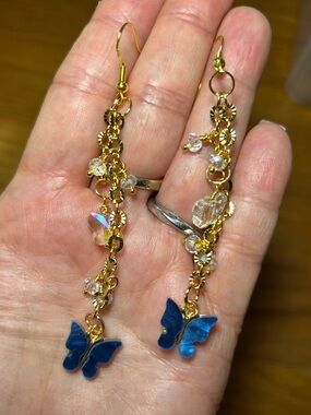 3/$25 Gold Chain Drop Earrings with Blue Butterfly Charms